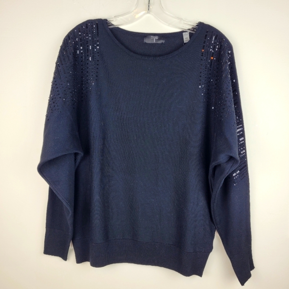 Tahari T crew neck black sweater sequin detail raglan sleeve mob wife cozy NWT M - Picture 2 of 12